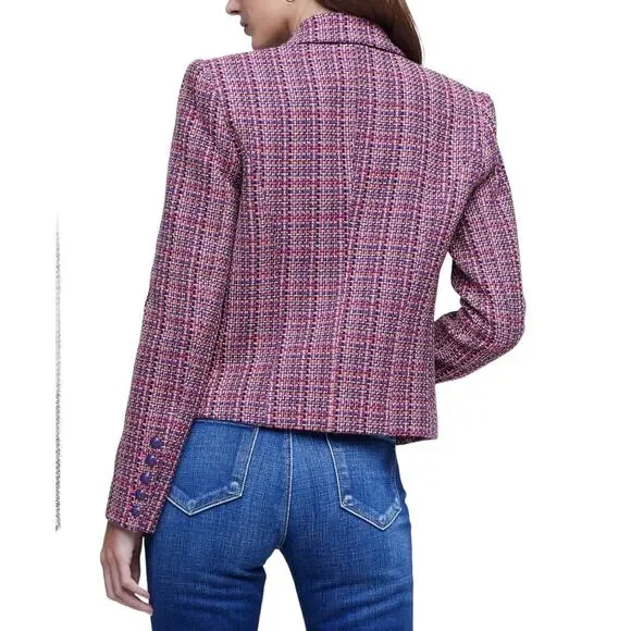 L’AGENCE Brook Tweed Double Breasted Cropped Blazer Purple Pink Size 10 - Picture 11 of 15